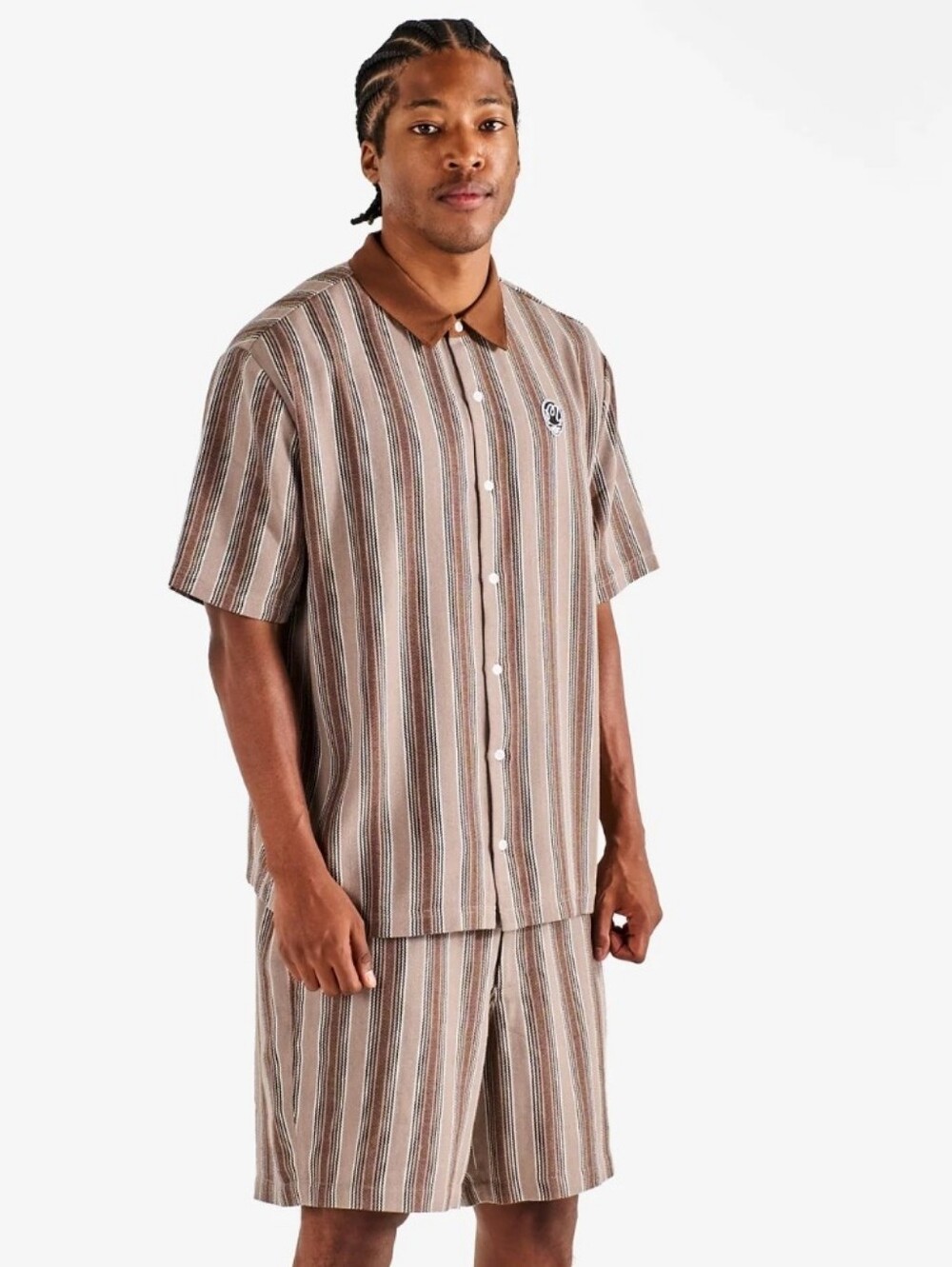Malbon Grateful Dead Stealie Blanket S/Sleeve Button Down Shirt in Brown Stripe